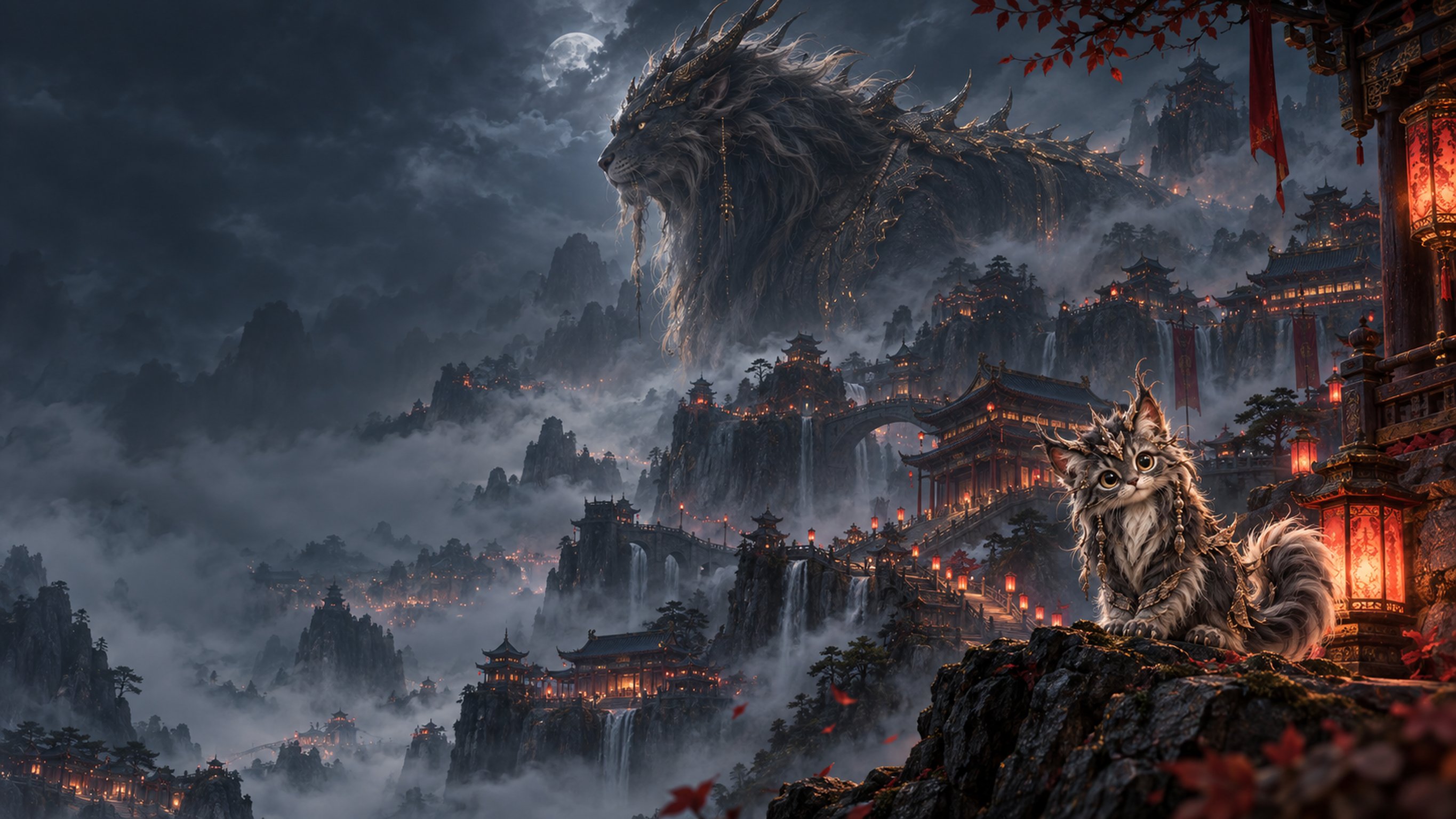 夜色墨山间宫阙灯影，雾中隐现巨兽剪影